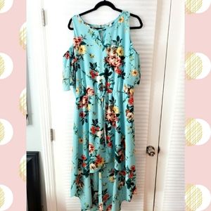 Teal Floral Cold Shoulder High Low Dress